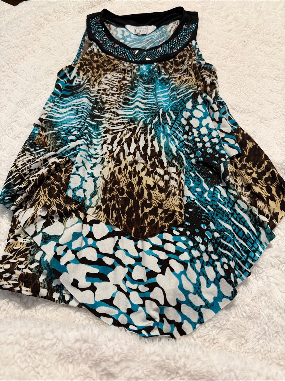 KEREN hart Teal, Black & Brown Beaded Animal-Print Tank